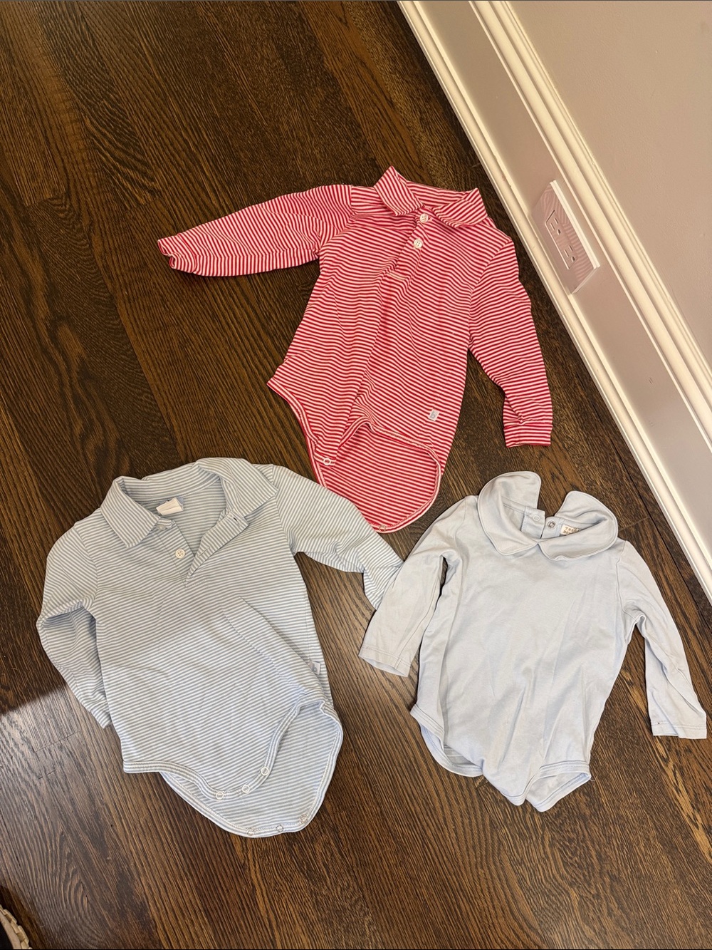 3-Pack Kids Long-Sleeve Polo Bodysuits - Red, Light Blue, Light Blue Stripe
